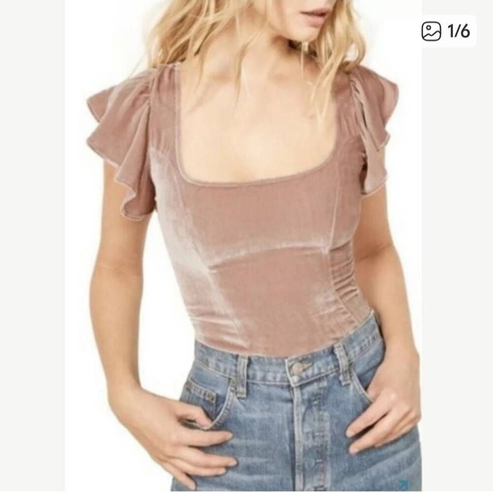 Reformation Rose Velvet Square Neck Bodysuit with Flutter Sleeves